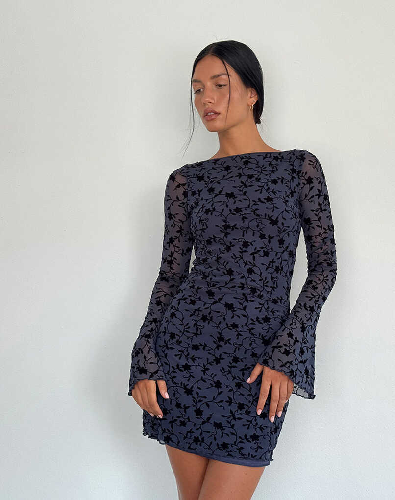 Navy Flocked Petal Long Sleeve Mini Dress | Sevila – motelrocks.com