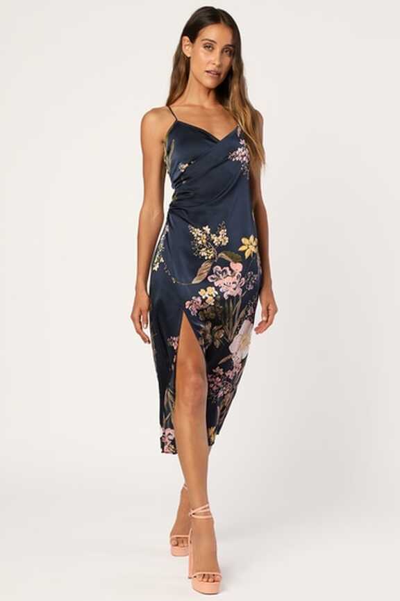 Navy Floral Print Dress - Satin Midi Dress - Surplice Dress - Lulus