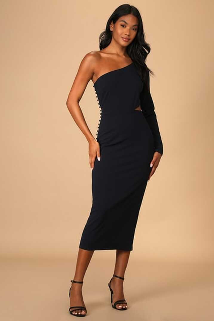 Navy Midi Dress - One-Shoulder Midi Dress - Side Button Dress - Lulus