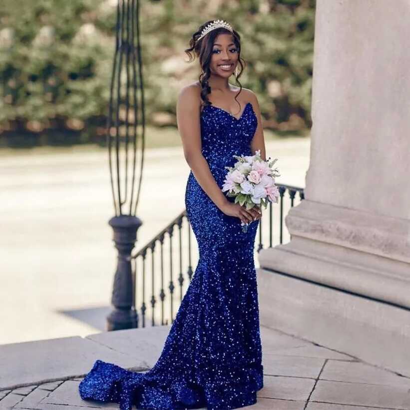 Navy Sequin Mermaid Blue Glitter Prom Dress With Strapless ...