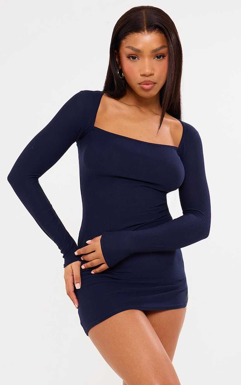 Navy Soft Square Neck Long Sleeve Bodycon Dress ...