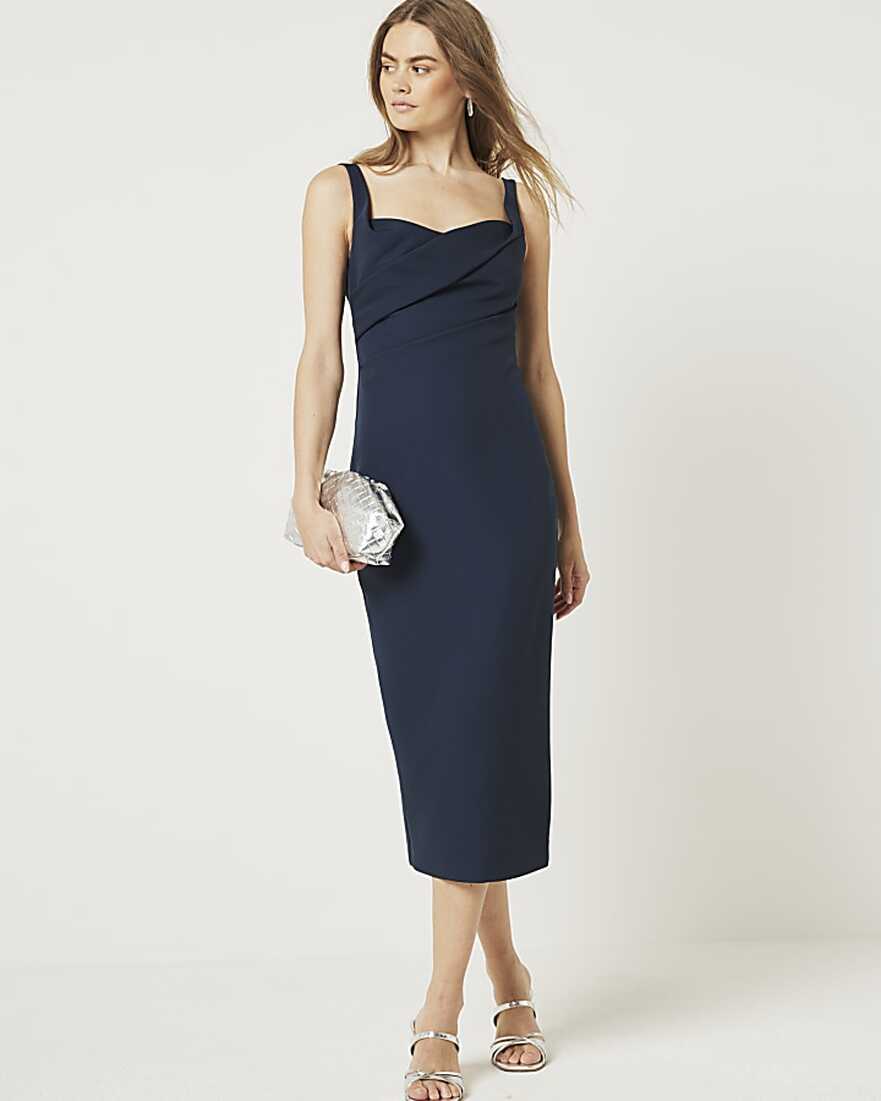 Navy ruched open back bodycon midi dress | River Island