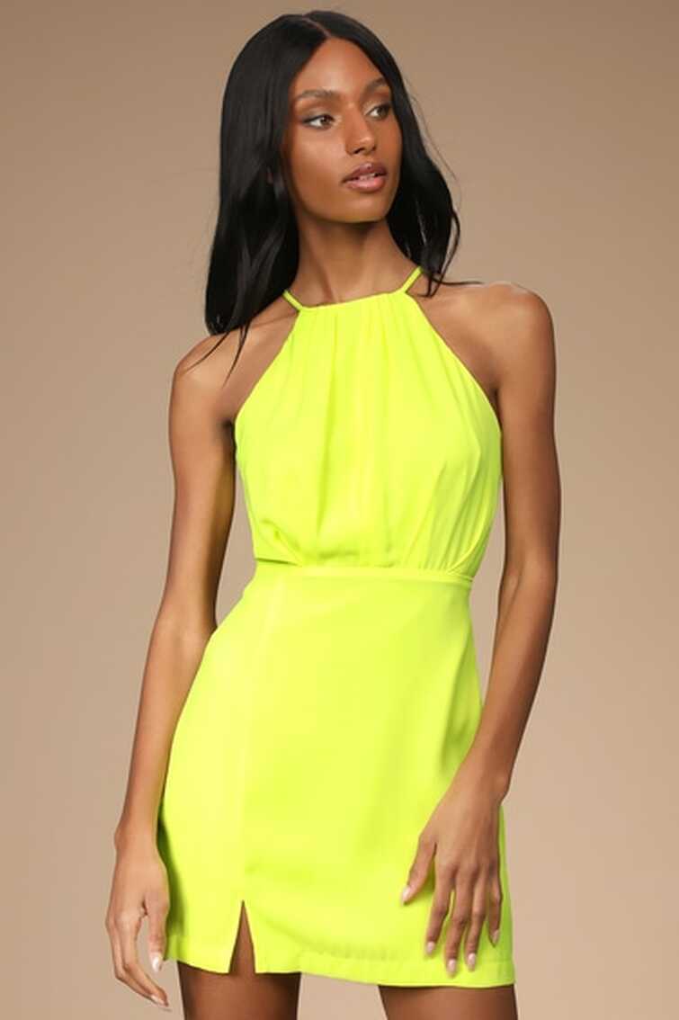 Neon Green Dress - Halter Mini Dress - Sleeveless Mini Dress - Lulus