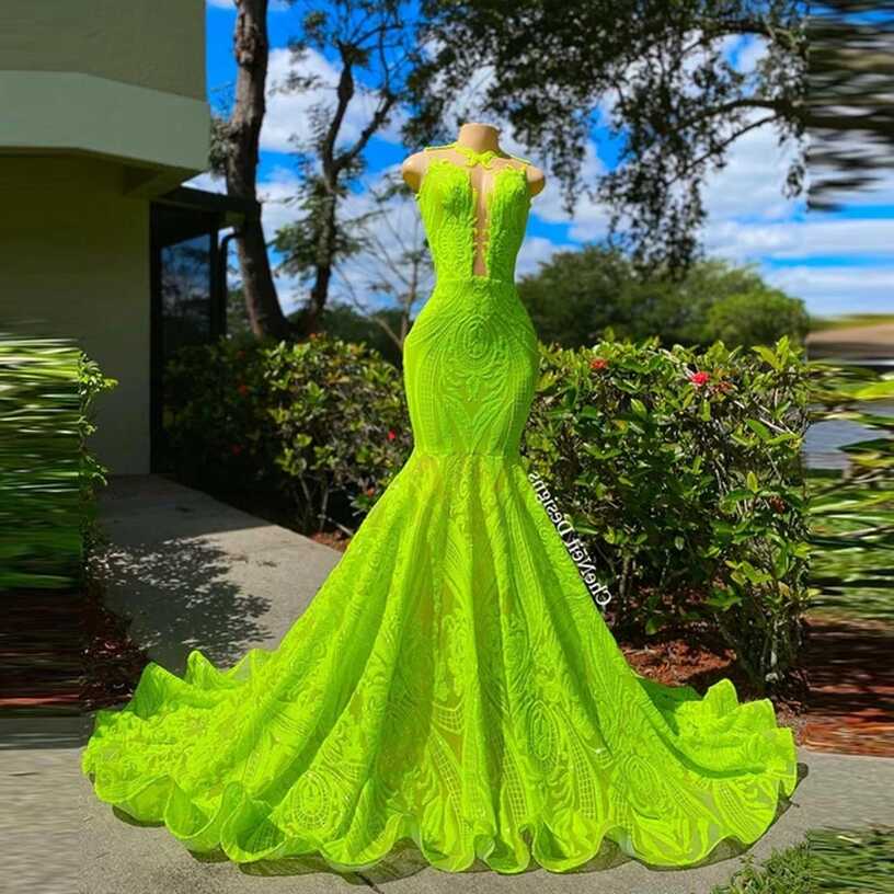 Neon Green Long Prom Dresses 2023 Sexy Mermaid Style Sheer ...