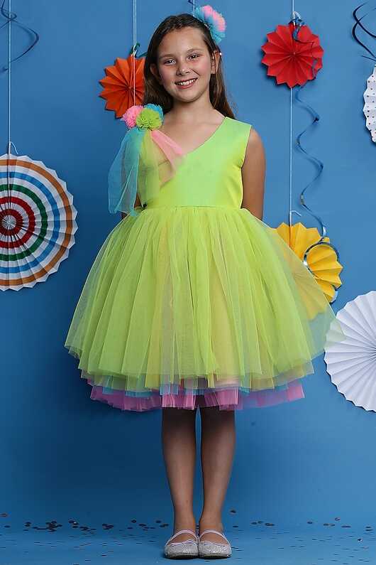 Neon Green Silk Layered Dress For Girls Design by Casa Ninos at ...