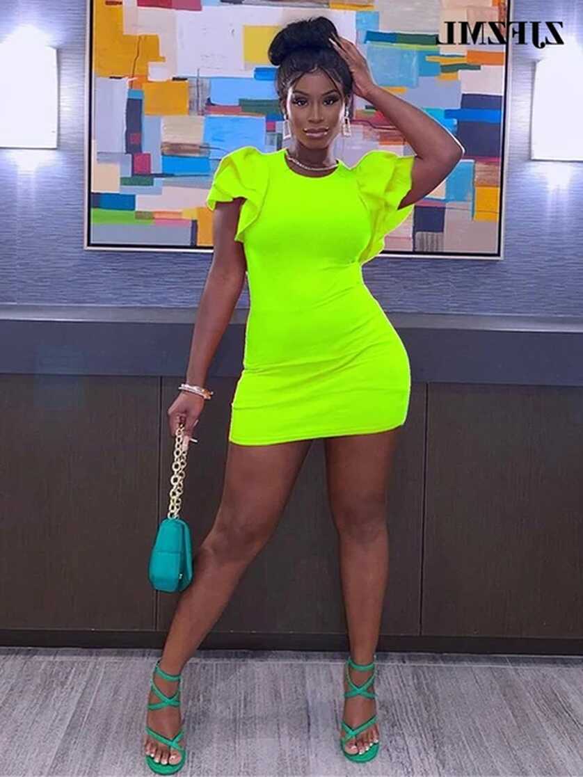 Neon Green Women&#39;s Bodycon Party Club Dress Sexy Round Neck Short ...