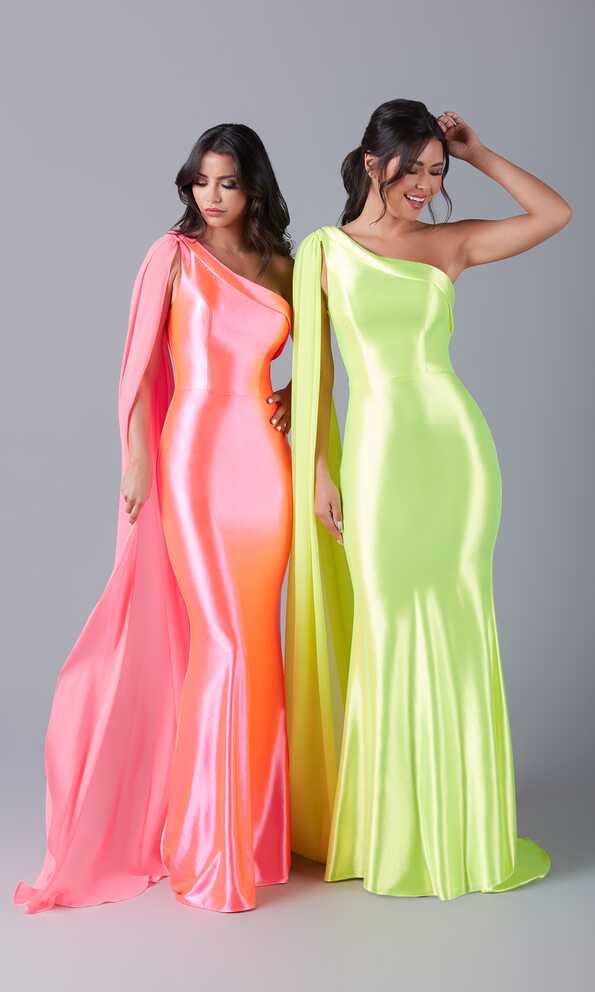 Neon Long Prom Dress with Detachable Cape