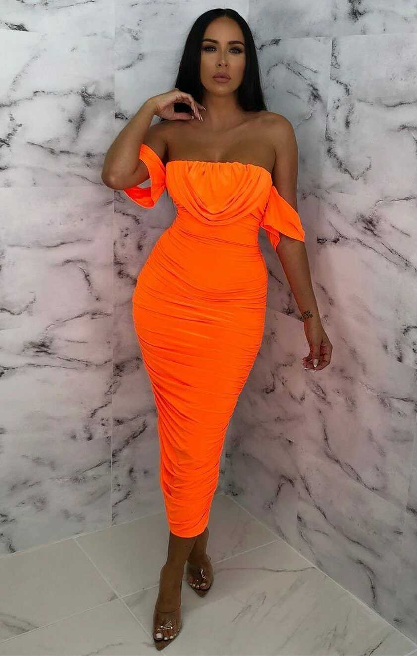 Neon Orange Bardot Cowl Neck Ruched Midi Dress | Dresses | Femme ...