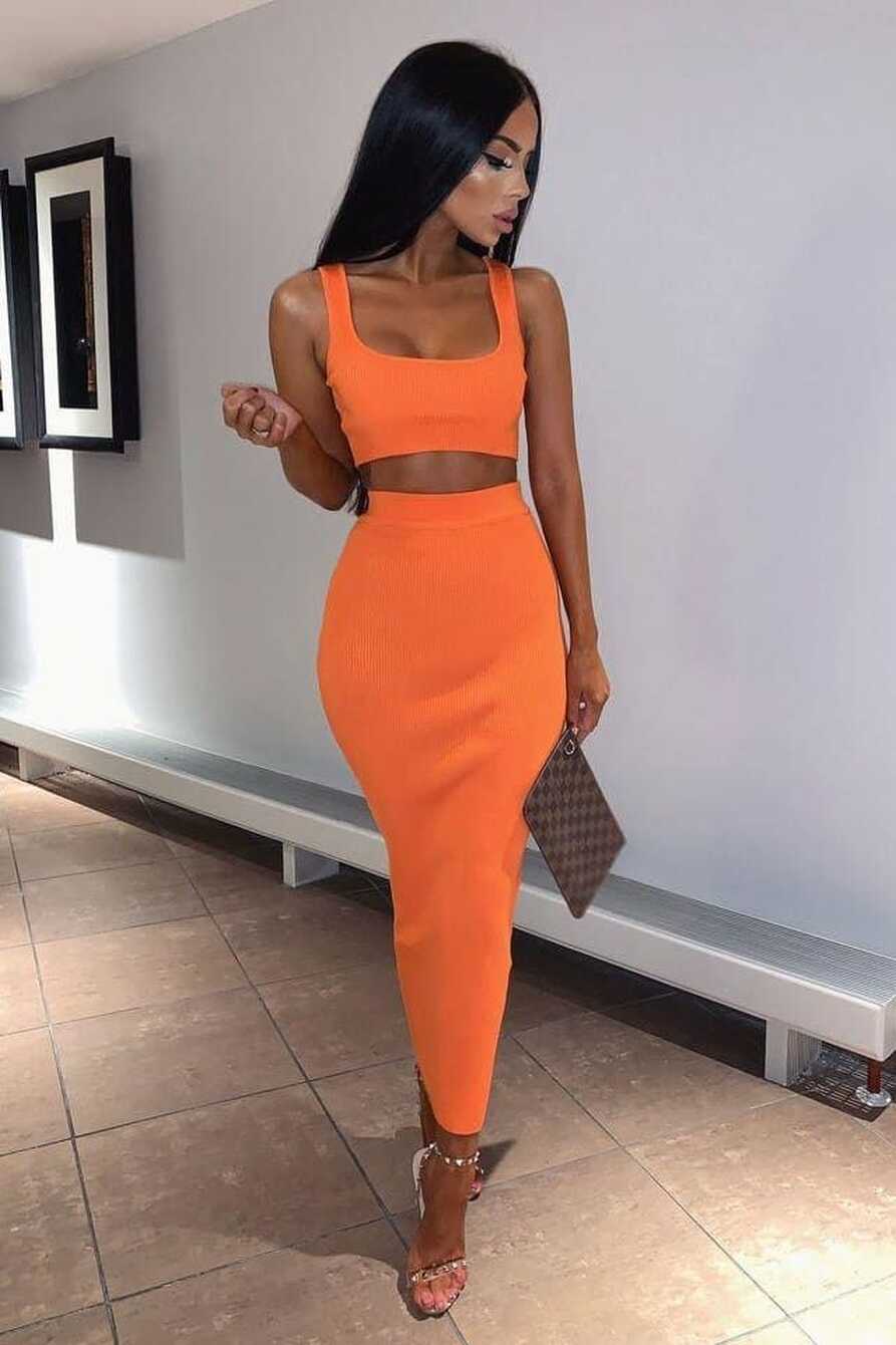 Neon Orange Ribbed Maxi Two Piece Crop Top Skirt Set | IRHAZ | Giyim