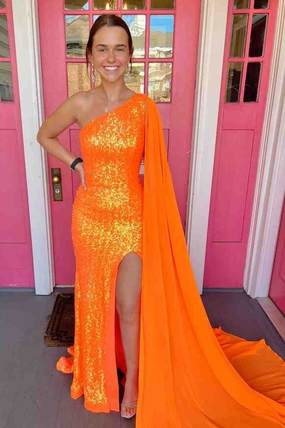 Neon Orange Sequins One Shoulder Cape Long Prom Dress – FancyVestido