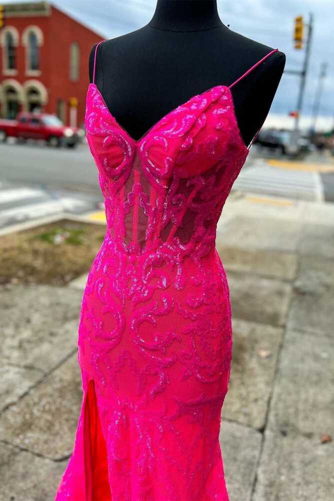 Neon Pink Floral Lace V-Neck Mermaid Long Formal Dress with Slit ...