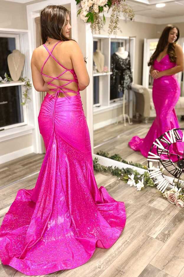 Neon Pink Spaghetti Straps Mermaid Long Prom Dress – Dreamdressy