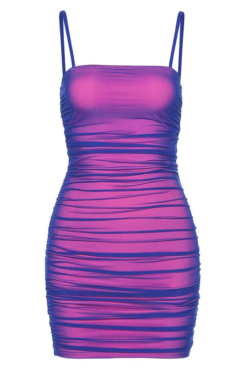 Neon Purple Mesh Overlay Reflective Mini Dress | IRHAZ