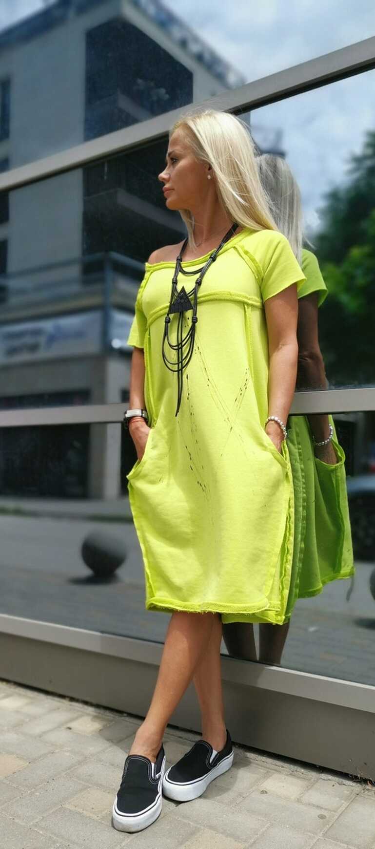 Neon Yellow Dress With Loose Fit, Cotton Women Dress With Short ...