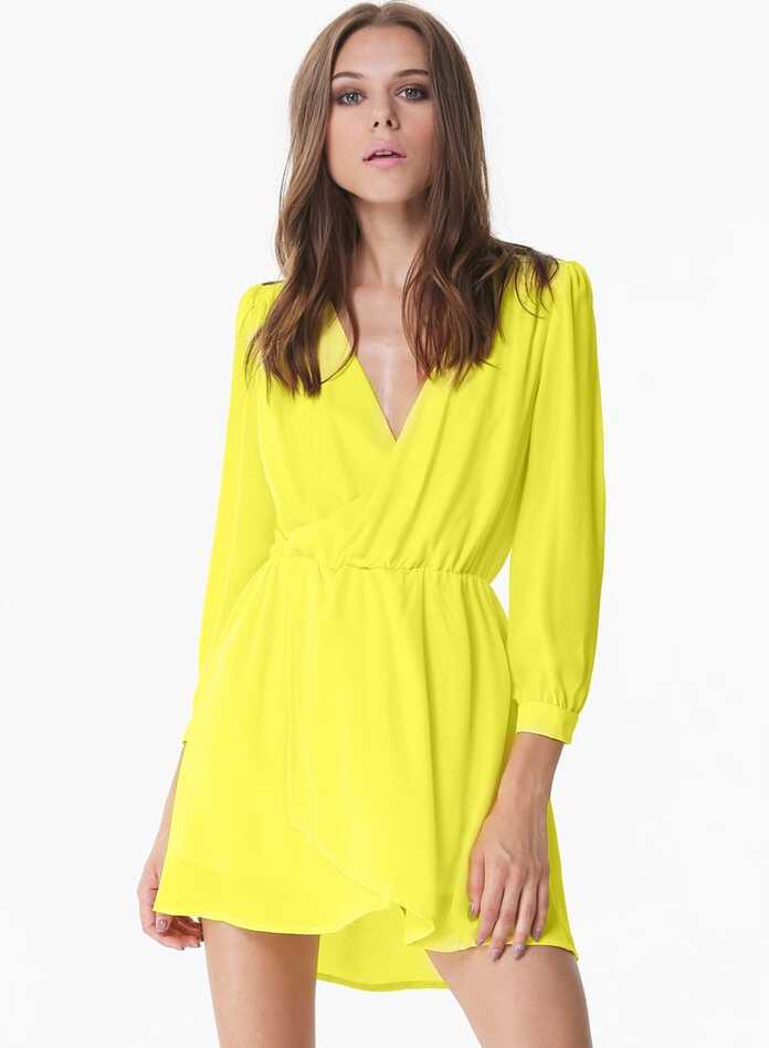 Neon Yellow Long Sleeve V Neck Wrap Fornt Dress - Sheinside.com ...