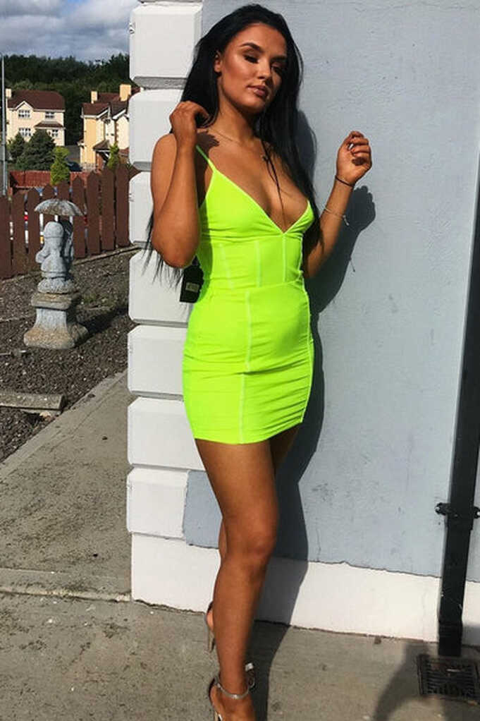 Neon Yellow Mesh Overlay Plunge Bodycon Dress - Teja – Rebellious ...