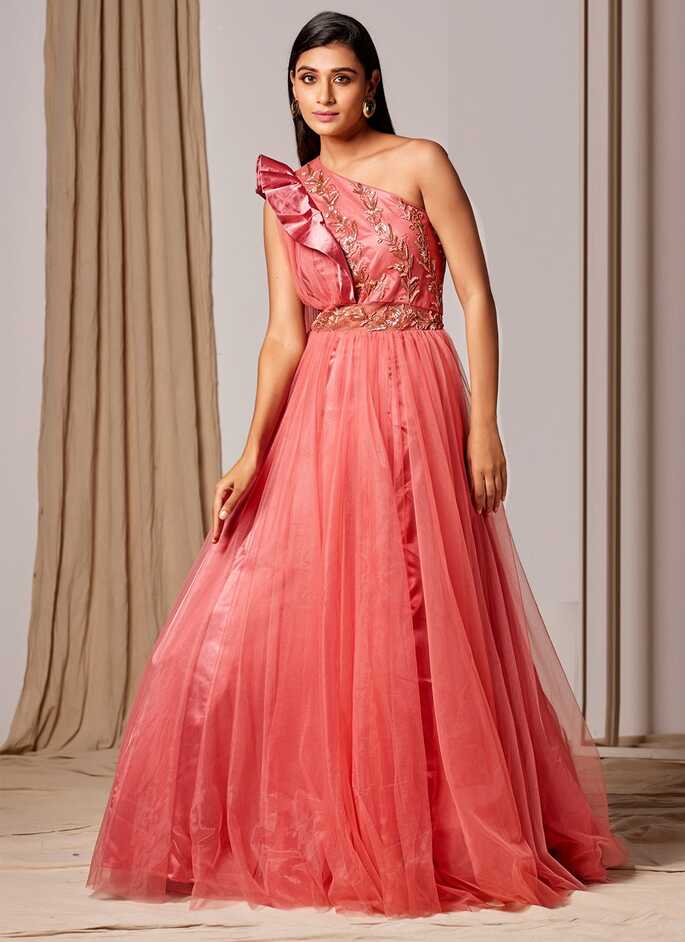 Net Designer Gown in Pink -