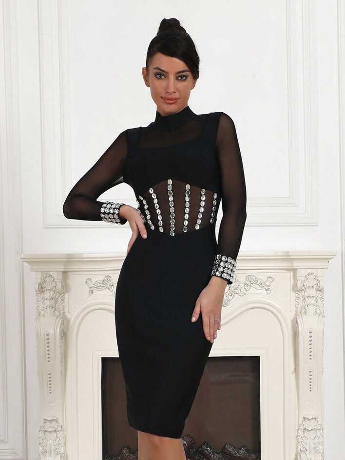 New Arrival Mesh &amp; Bandage Bodycon Dress With Handcrafted Beading ...