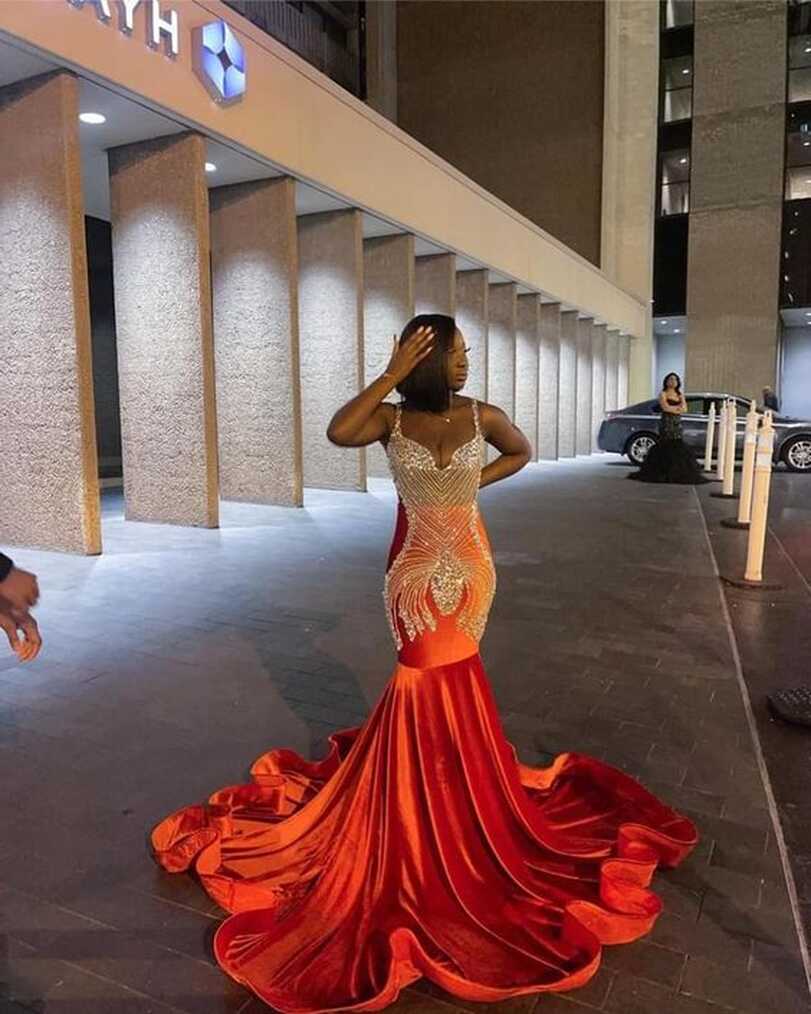 New Arrival Orange Mermaid Prom Dresses Black Girls Formal Party ...