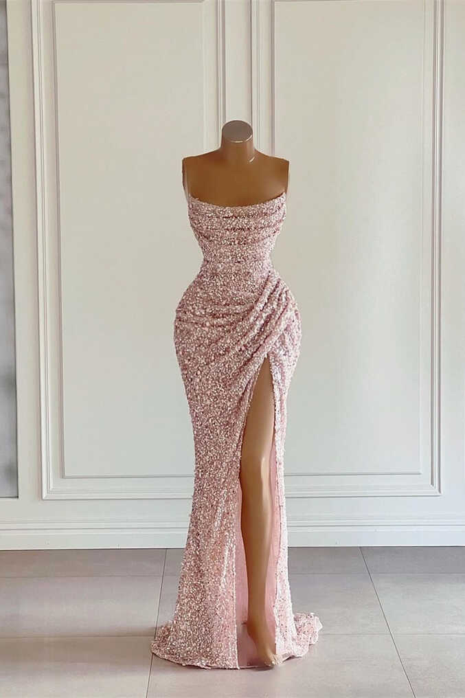 New Arrival Pink Sequins Sleeveless Evening Dresses With Split ...