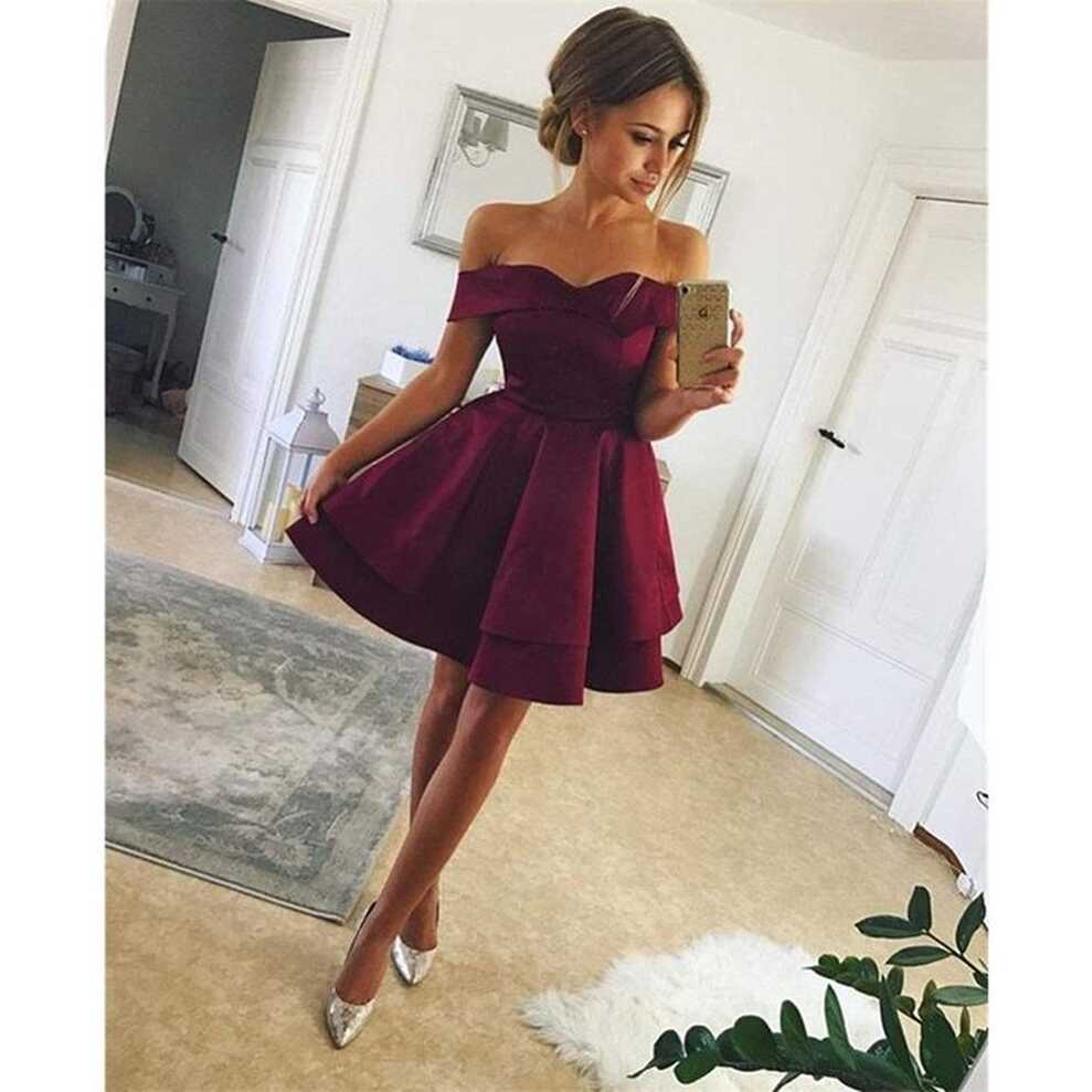 New Arrival Simple Off-shoulder Cheap Short Satin Homecoming Dresses,