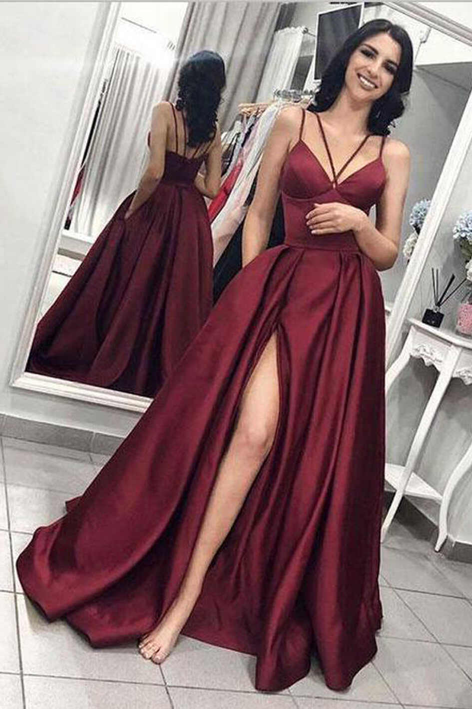 New Burgundy Spaghetti Straps Formal Prom Dresses With Pocket LD ...