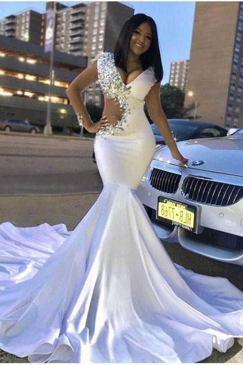 New Crystals V-neck White Mermaid Style Prom Dress 2021 - Bridelily