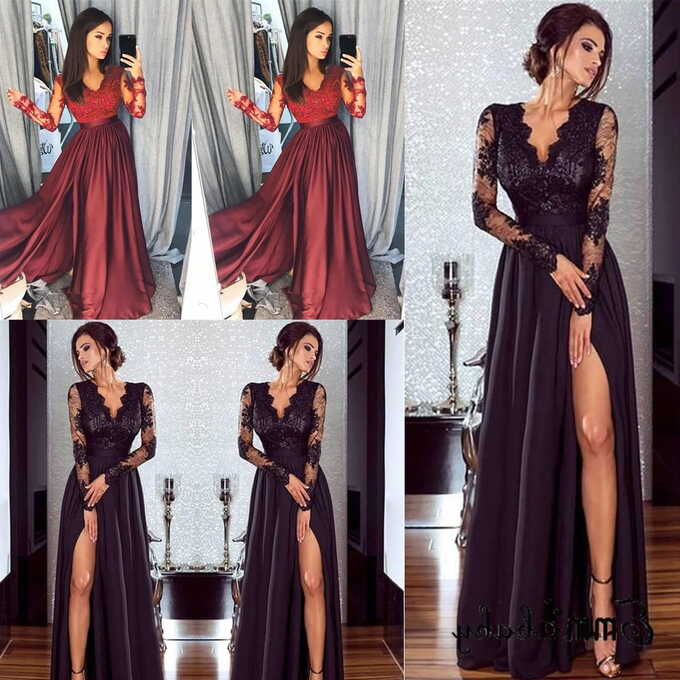 New Elegant Women Ladies Fashion Long Sleeve Formal Dress Deep-V ...