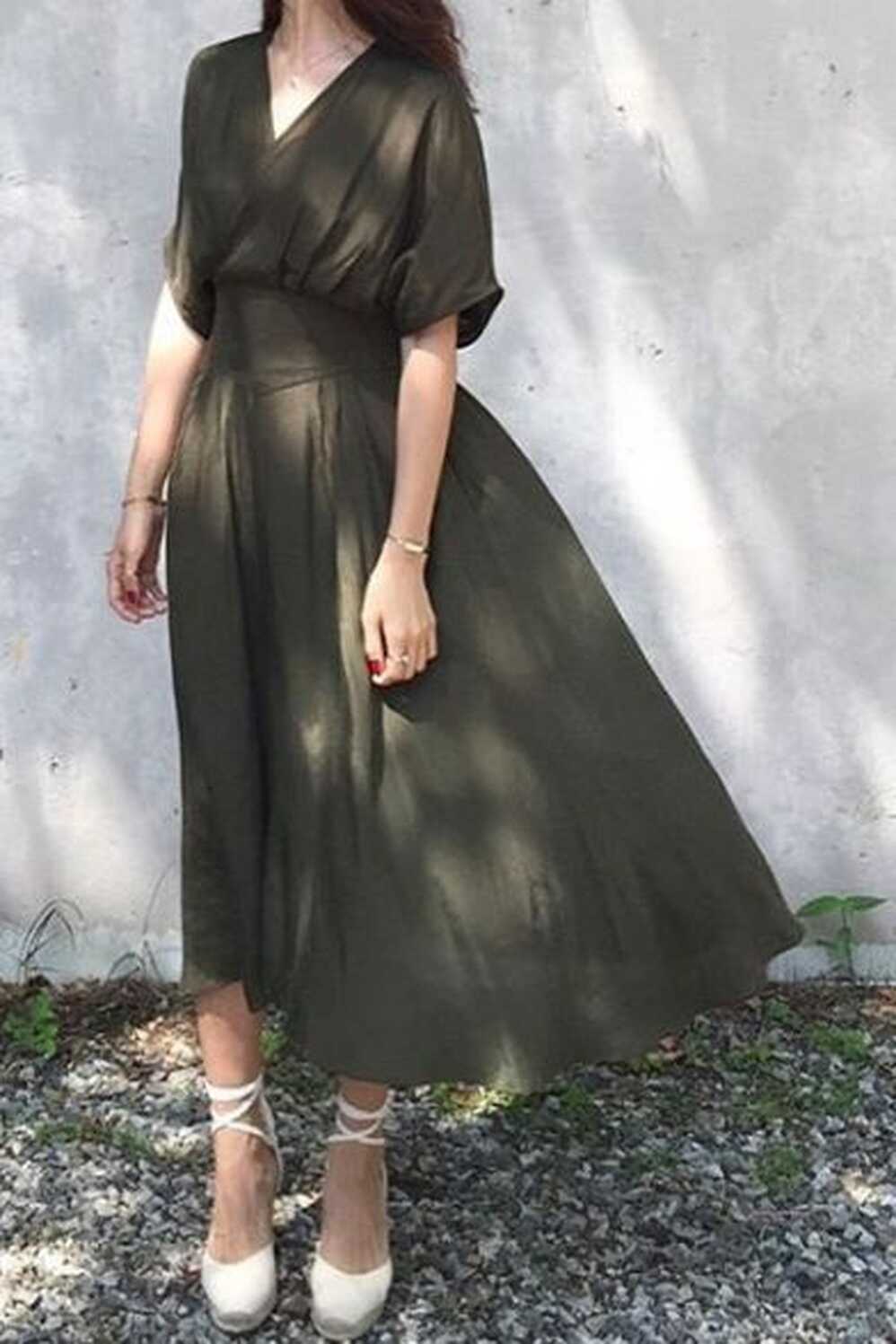 New Fashion Elegant V Neck Short Sleeve Plain Chic A-Line Maxi Dress