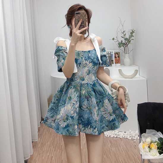 New French Puff Sleeve Floral Dress New Korean Style Temperament ...