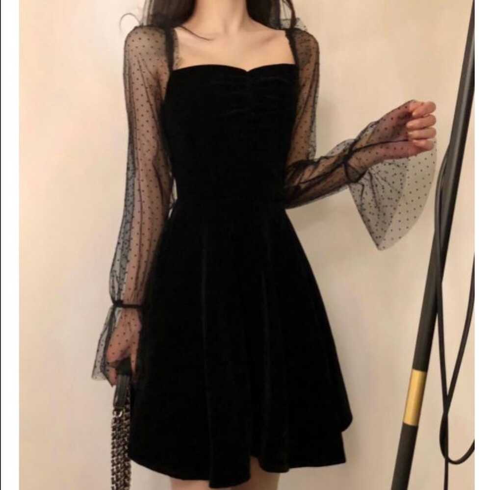 New Korean Women Dresses Black Square Neck Sexy Collect Waist Mesh ...