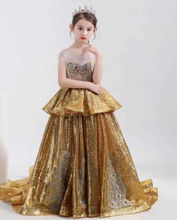 New Luxury Gold Sequin Flower Girl Dress Sleeveless Highend Show ...