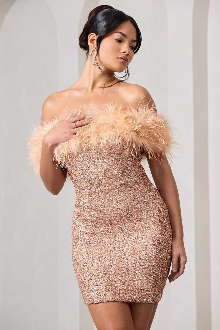 New Money Gold Bodycon Sequin Mini Dress With Feather Trim – Club ...