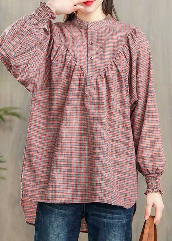 New Pink Plaid Cotton Blouse Casual Loose Long Sleevel Tops