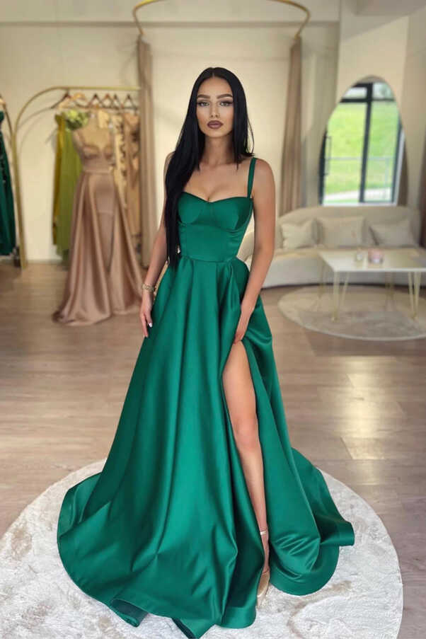 New Satin Emerald Green Prom Dress Long A-Line Evening Dresses ...