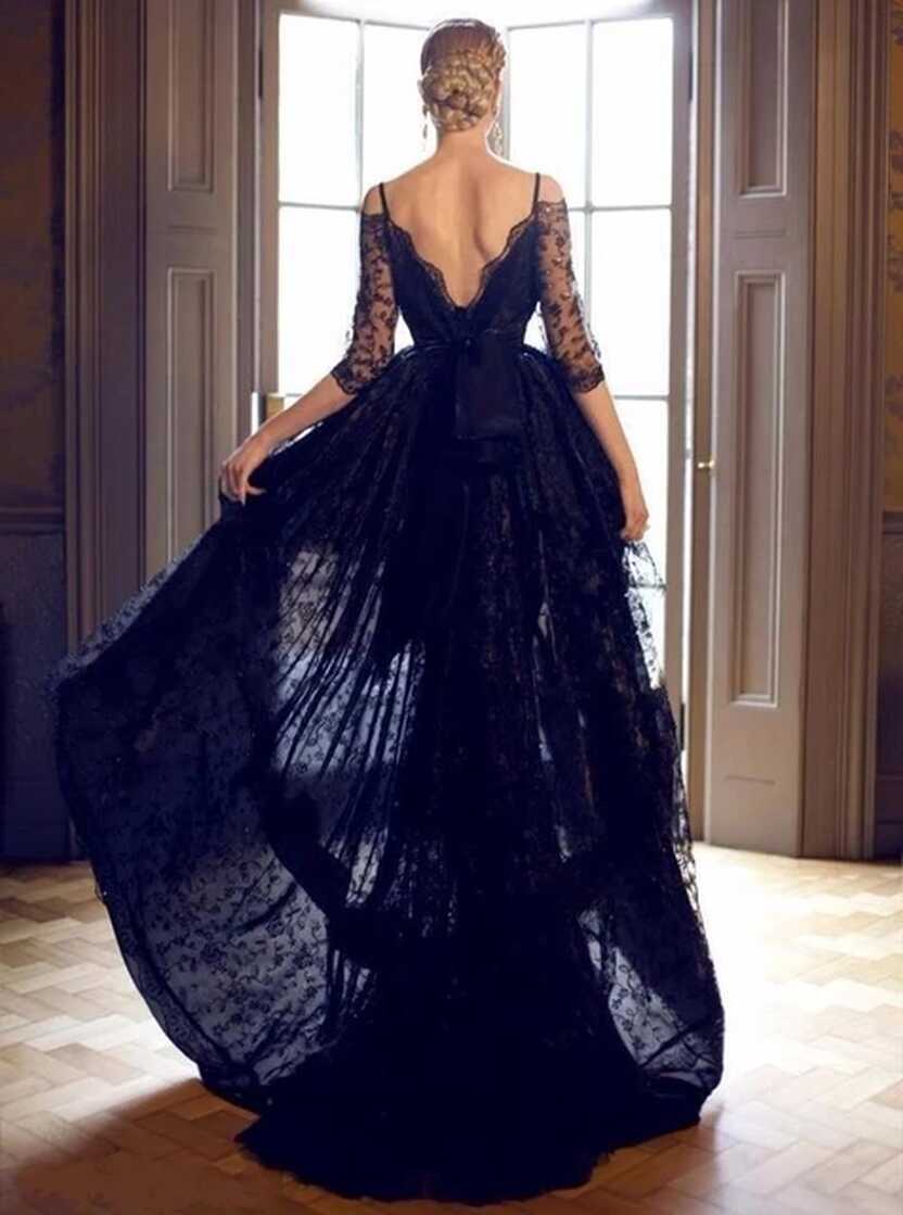 New Short Front Long Back Gothic Black Lace Wedding Dresses With 3 ...