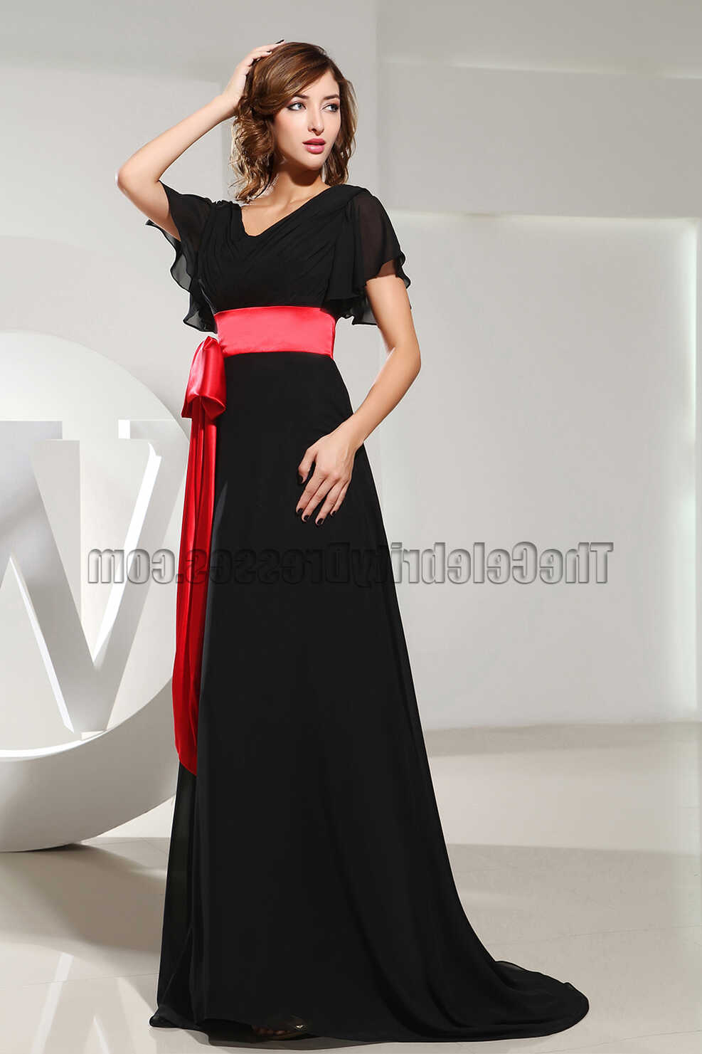 New Style Black V-neck Prom Evening Dresses With Red Belt ...