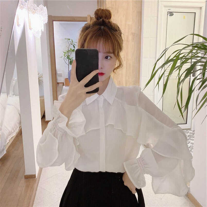 New Sweet Girls Womens Chiffon Ruffles Tops Bow Loose Blouses Long ...