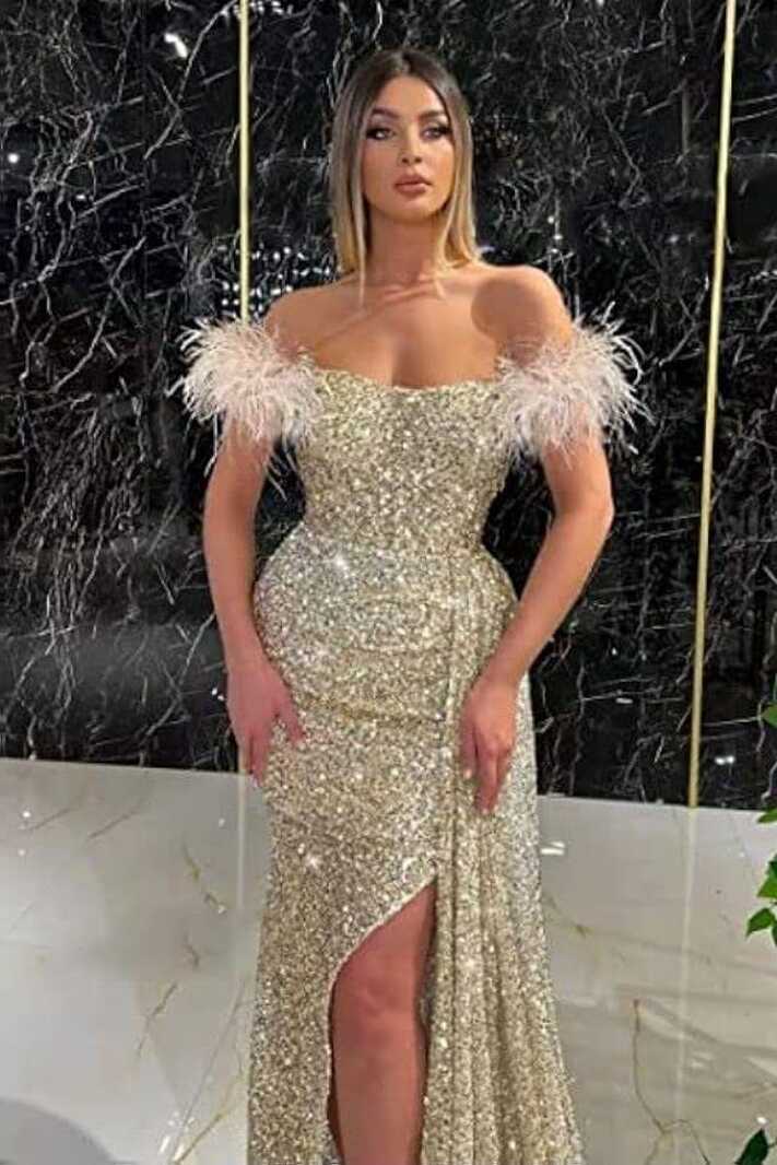 New Women&#39;s Sexy Off Shoulder Elegant Sparkly Mermaid Slit Prom ...