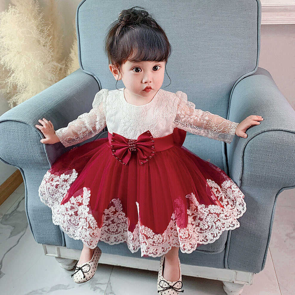 Newborn Long Sleeve Baby Girls Dress Party Wedding Bow Lace Infant ...