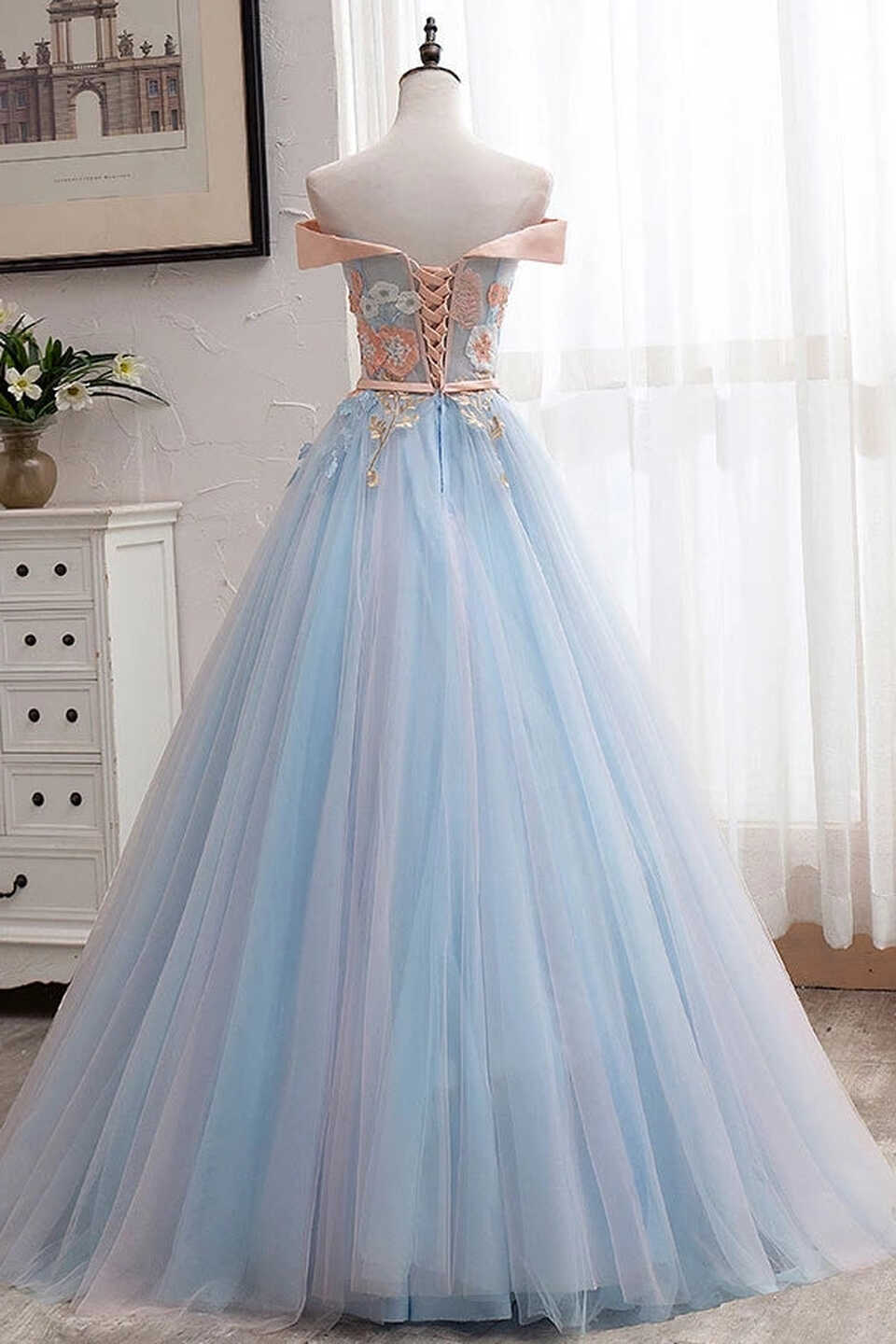 Newest Off The Shoulder Light Blue And Pink Long Ball Gown Prom ...