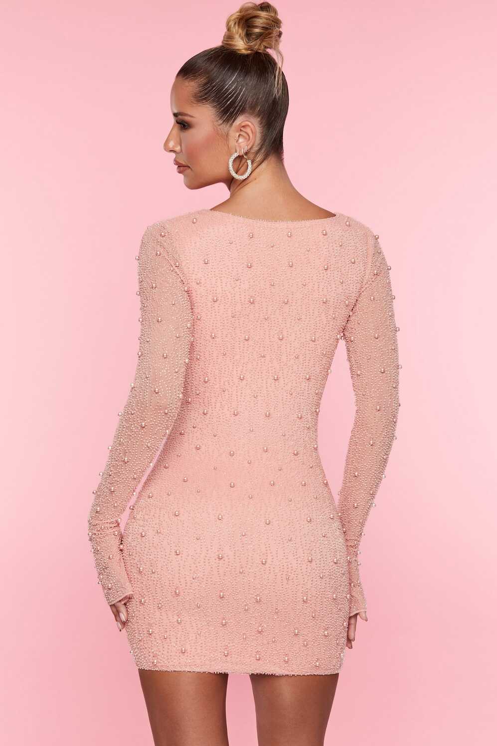 Nice Long Sleeve Deep Plunge Mini Dress in Rose | Oh Polly