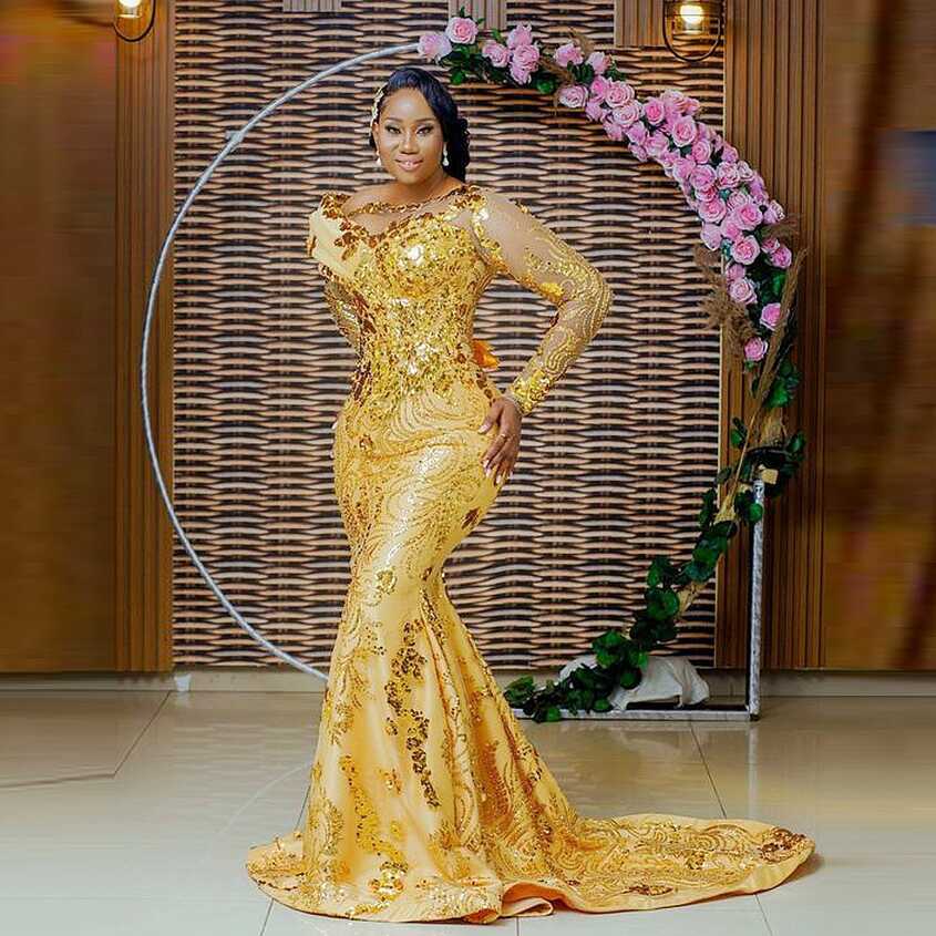 Nigeria Gold Evening Dresses For African Women Lace Appliques ...