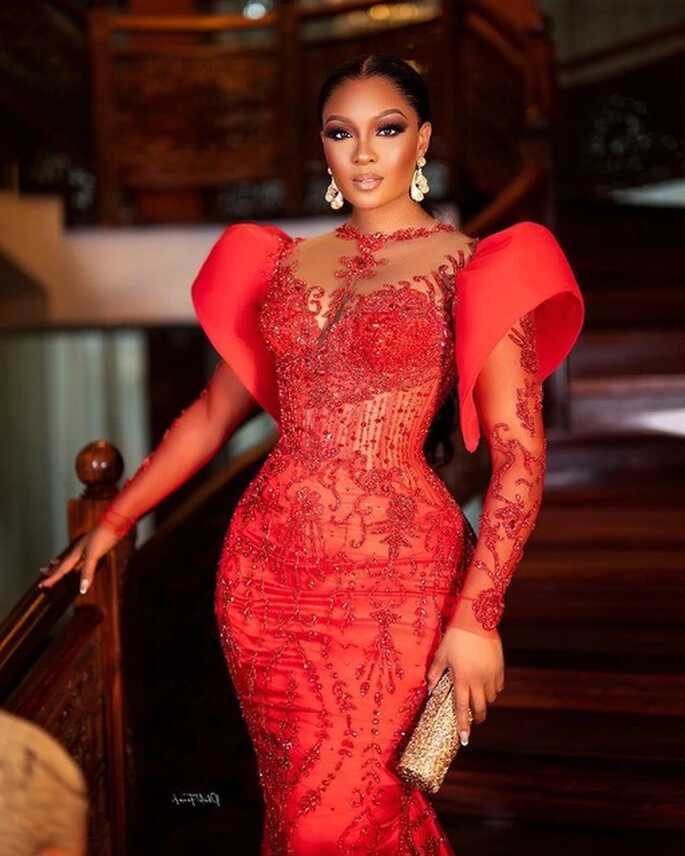 Nigerian African Aso Ebi Evening Dresses Red Mermaid Beading Lace ...