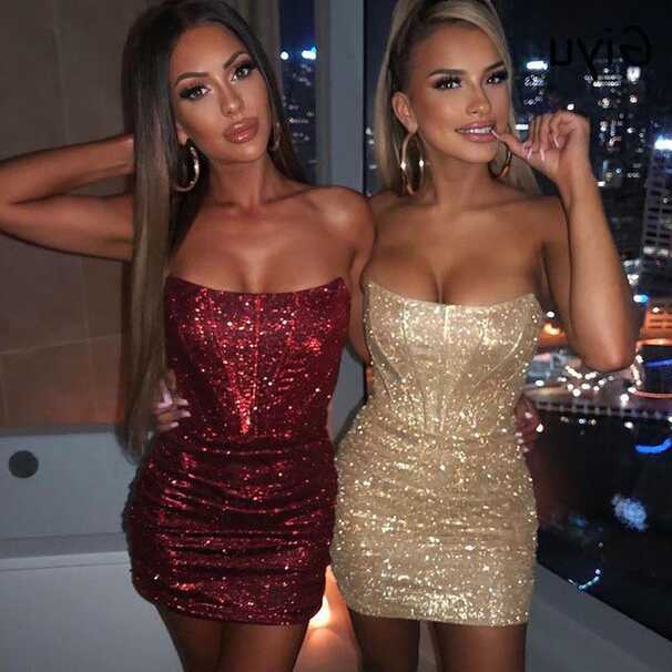 Night Club Party Woman Dress Sexy Bodycon Glitter Strapless Mini ...