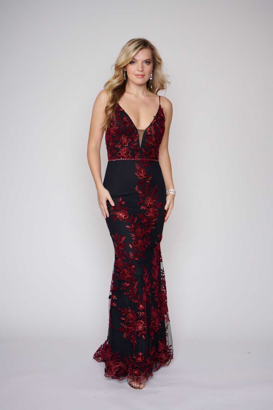 Nina Canacci 2240 Black Burgundy Prom Dress Evening Gown Floral ...