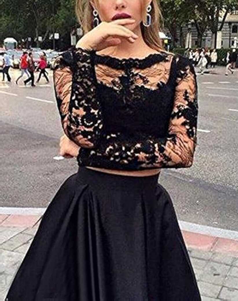 Nina Illusion Two Piece Prom Dresses Long Lace Crew Neck Evening ...