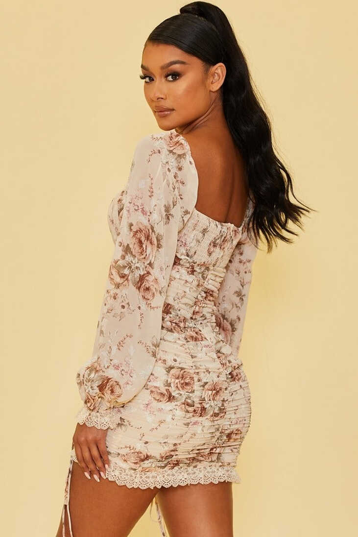 Nina Morena | Floral Ruched Drawstring Mini Dress in Ivory