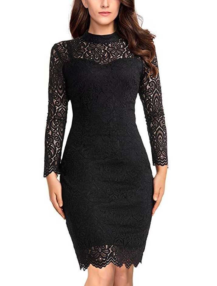 Noctflos Long Sleeve Lace Bodycon Scalloped Knee Length Cocktail ...