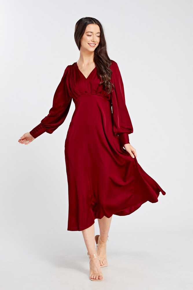 Nora Deep Red Satin Midi Dress With Long Sleeves - TAHLIRA